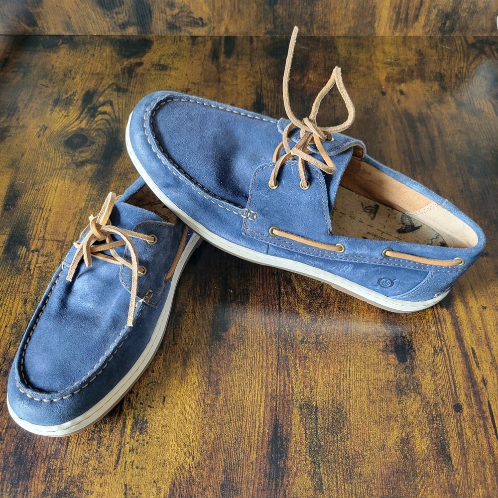 Born Hand Crafted Footwear Men's 11.5M Blue Suede Leather Boat Shoes Lace Up Moc